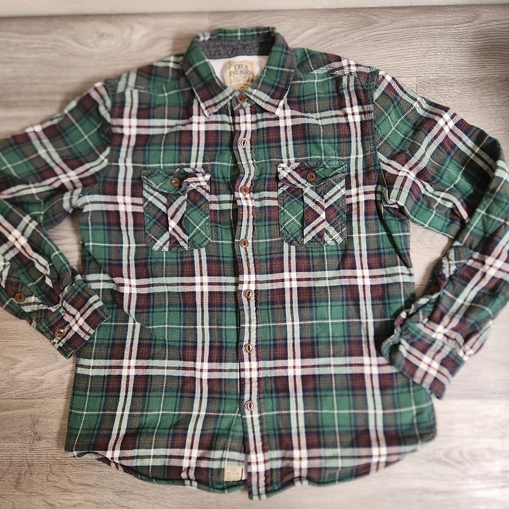 True Religion Green Shirt Size M Plaid Thermal Lined Workwear Flap Pockets Thick